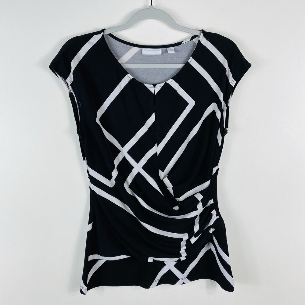 New York & Company Top Medium Cap Sleeve Faux Wrap Black White Blouse